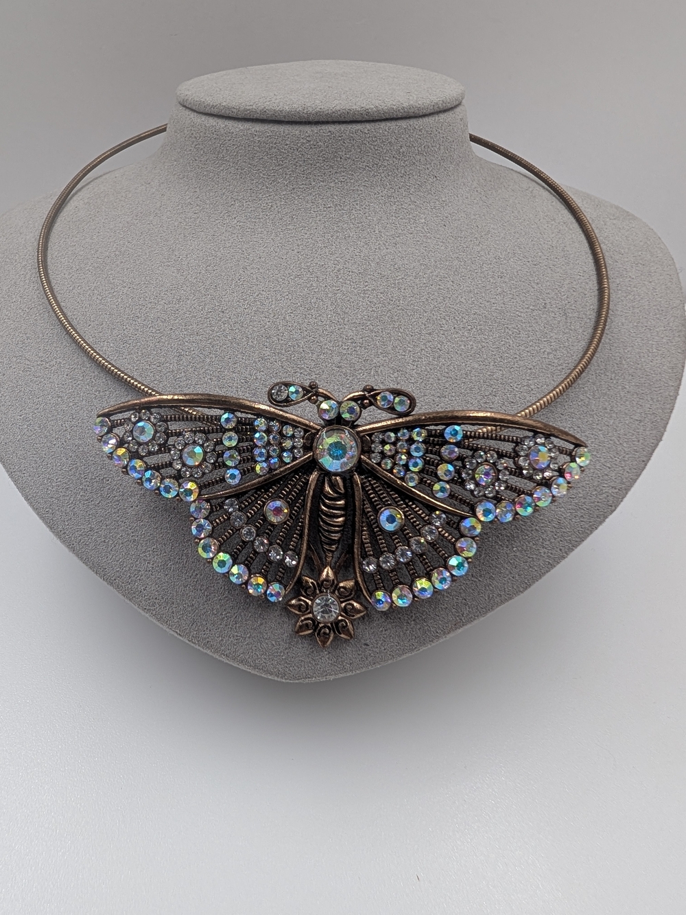 Giant Rhinestone Butterfly Moth Statement Necklace AB Crystal Bronze 0633